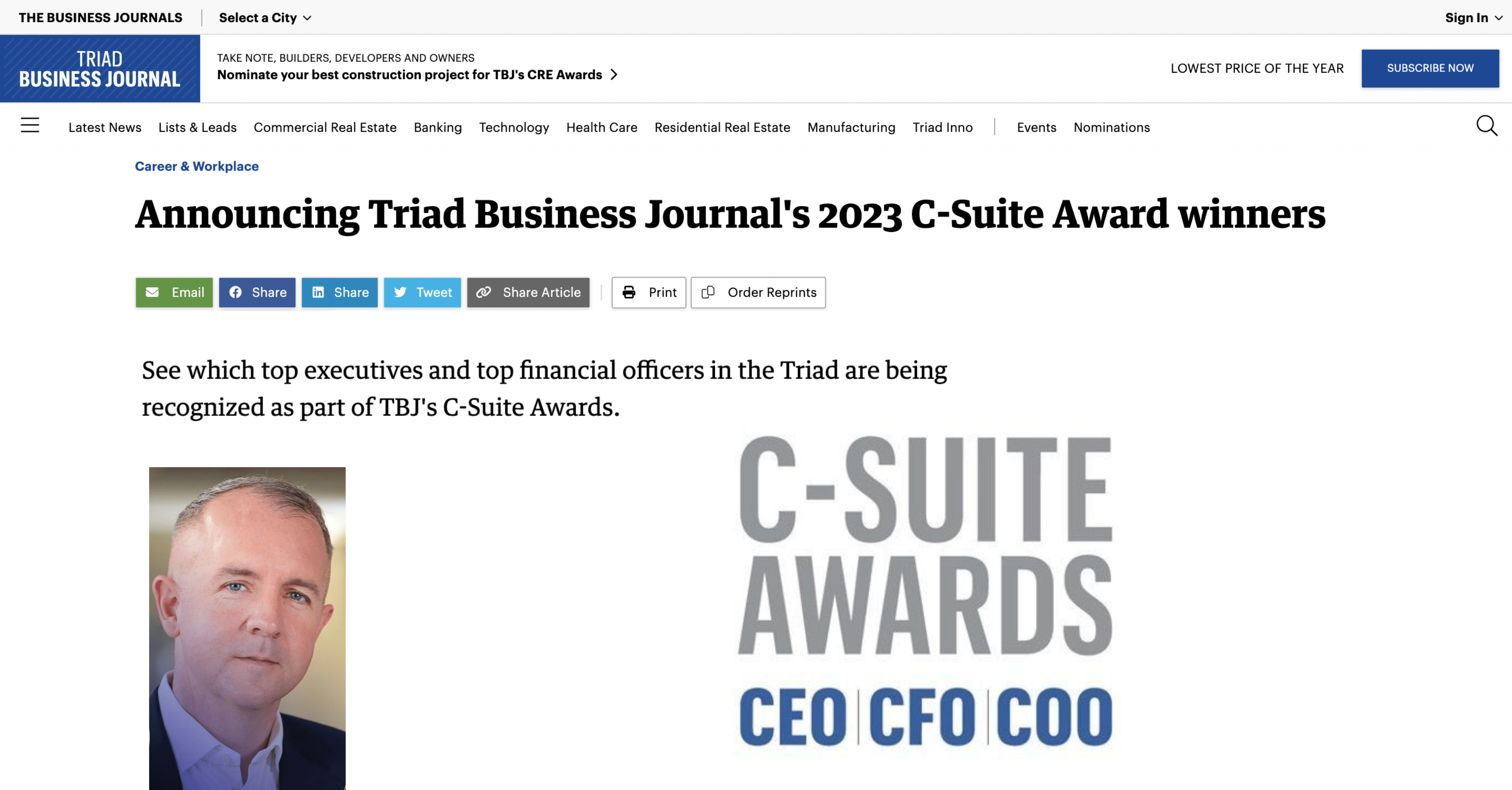 Spencer Baird Named A Triad Business Journal 2023 C Suite Award Winner